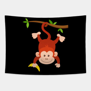 Funny Monkey Hanging Upside Down Holding Banana Tapestry