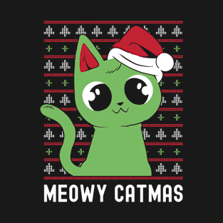 Meowy Catmas Cat Wearing Santa Hat T-Shirt