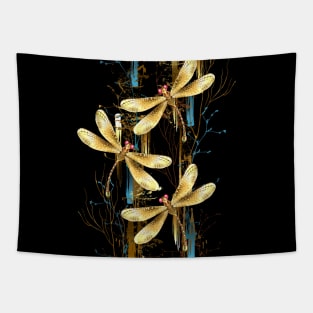 Three golden dragonflies Tapestry