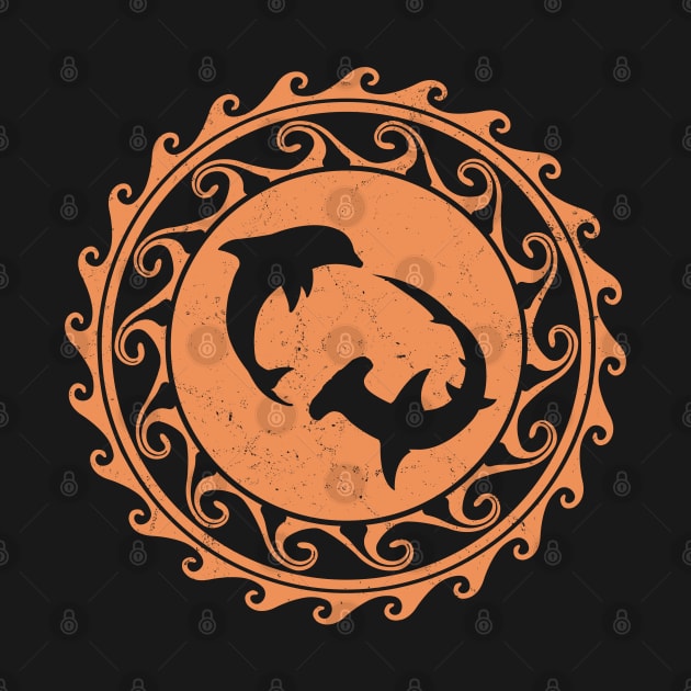 Hammerhead shark and dolphin on polynesian sun by NicGrayTees