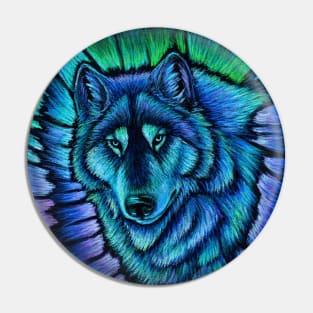 Colorful Blue Fantasy Wolf Aurora Pin