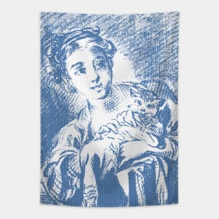 A Young Girl holding a Cat by 18th century French Artist  Louis Marin Bonnet Polka Hexagonal Honeycomb Fill Tapestry