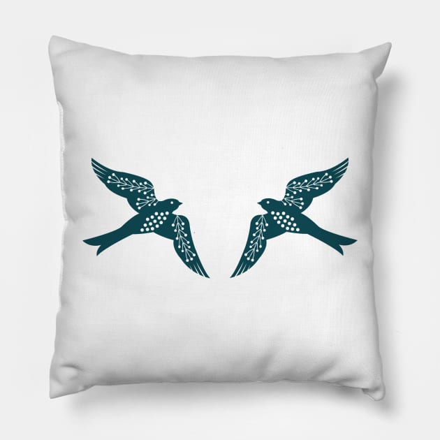 Folk Birds dark teal Pillow by Maggiemagoo Designs