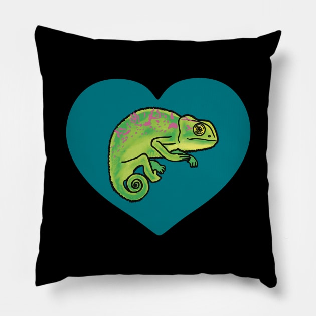 Teal Heart Colorful Chameleon for Chameleon Lovers Pillow by Mochi Merch