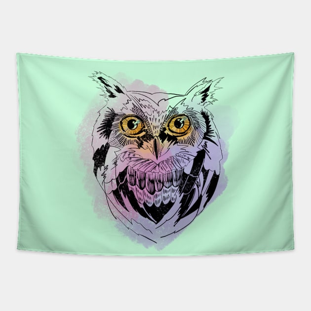 Owl graphic illustration on watercolor background Tapestry by meridiem