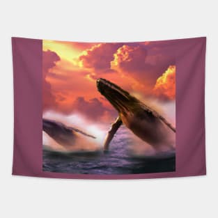 Humpback Whales Breaching During Golden Hour Tapestry