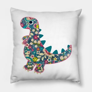 Vintage floral T-Rex Dinosaur on red background Pillow