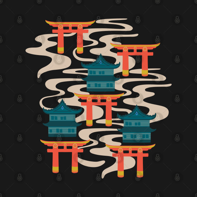 EDO Traditional Japanese Castles and Oriental Japan Torii Gates with Flowing River in Rainbow Palette Turquoise Orange Teal Yellow - UnBlink Studio by Jackie Tahara by UnBlink Studio by Jackie Tahara