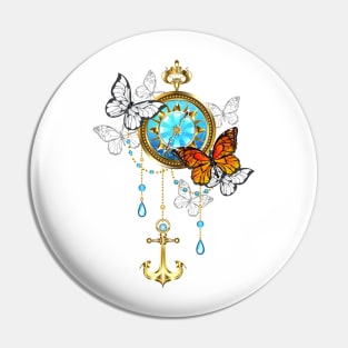 Compass with Butterflies Pin