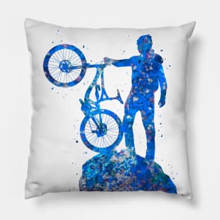 Downhill mountain bike watercolor blue art Pillow