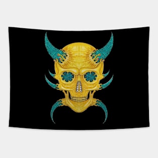 Demon skull set with diamond gems turquoise and gold. Tapestry