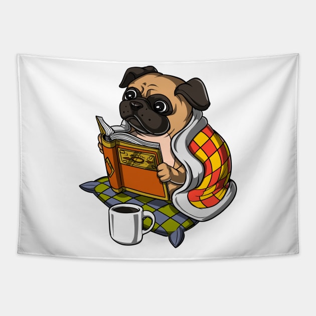 Pug Book Reading Dog Tapestry by underheaven