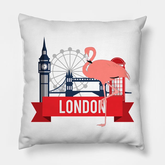 Flamingo in London England Travel Icons Pillow by TammyWinandArt