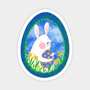 Cute white bunny with floral easter egg decoration on blue sky, version 1 Magnet