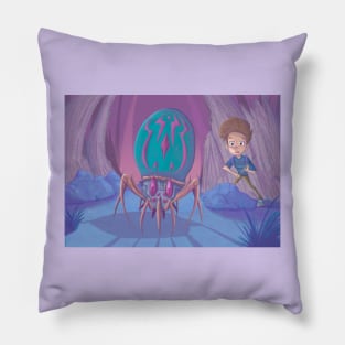 Young man finds spider monster Pillow