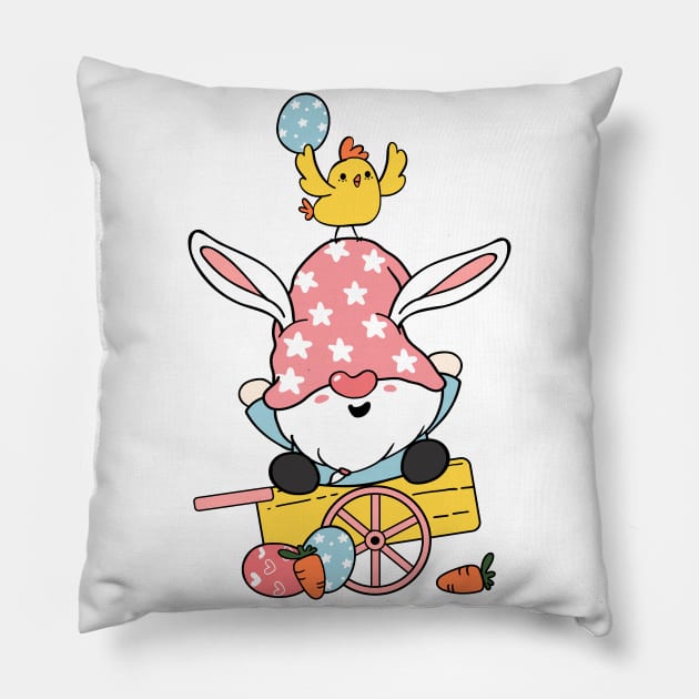 Cute Easter Gnome bunny ears cartoon and yellow chick baby on wooden cart with Easter eggs. Happy Easter, Cute doodle cartoon vector spring Easter clip art Pillow by Janatshie