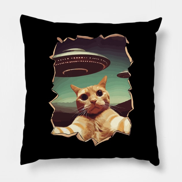 Cut Out Cat In Space Funny Cat Selfie With UFOs Behind Pillow by KromADesign