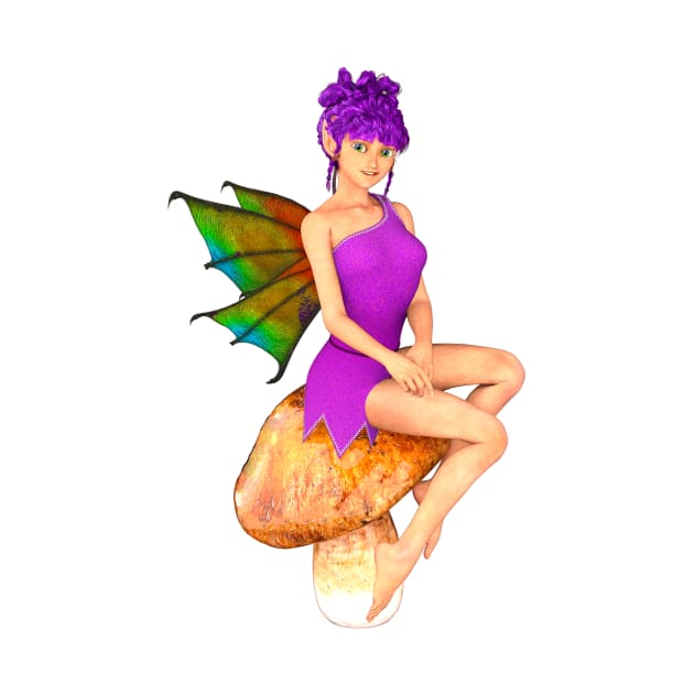 Smiling fairy faerie elf in pink sitting on toadstool, with purple hair - I believe in fairies by Fantasyart123