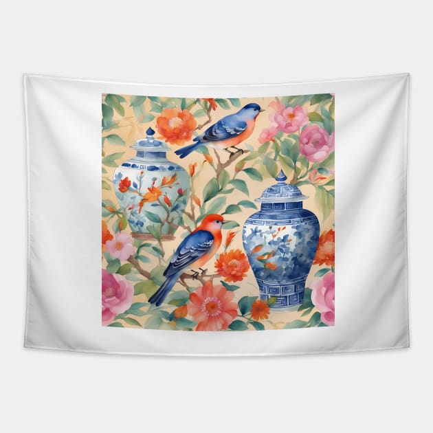 Chinoiserie jars, birds and flowers watercolor painting Tapestry by SophieClimaArt