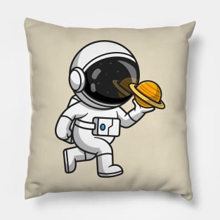 Cute Astronaut Holding Planet Cartoon Pillow