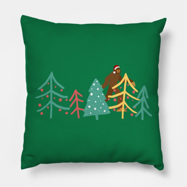 A Very Christmas Bigfoot Amongst the Decorated Trees Pillow by Contentarama