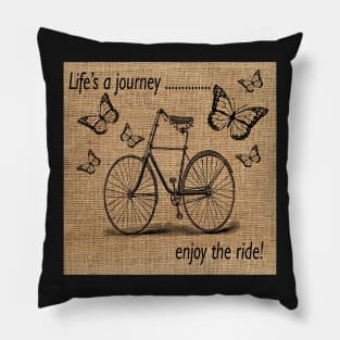 Inspirational Quote Life's A Journey Enjoy The Ride Bike & Butterflies Graphic Art Rustic Farmhouse Designed Pillow