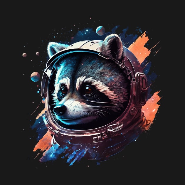 raccoon in space by a cat cooking