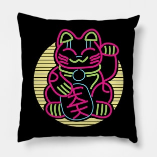 Japanese Maneki Neko Lucky Cat Retrowave Pillow