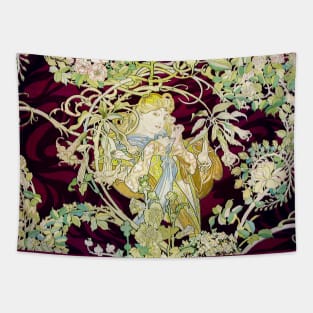 Woman with Daisy Among Flowers ,Wild Roses,Floral Swirls Art Nouveau Portrait Tapestry