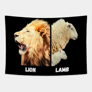 Fierce lion and gentle lamb with mother Tapestry