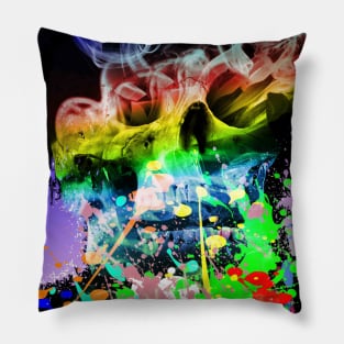 Rainbow Skull, Smoke Paint Ink, Black Pillow