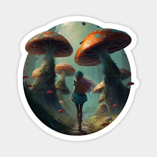 Girl in a mystical mushroom forest Magnet