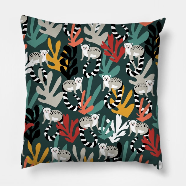 Cute Lemur and Tropical Leaves Pattern Pillow by kapotka