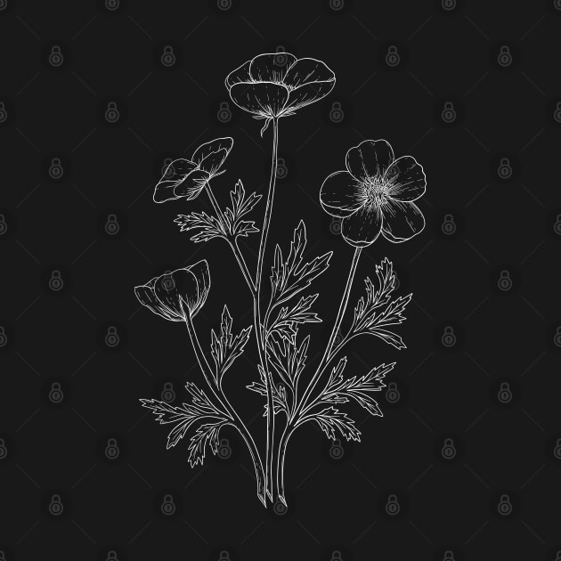 Buttercups Line Art Black Background by GraphiscbyNel