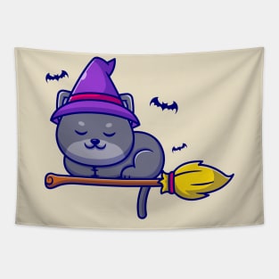 Cute Witch Cat Sleeping On Magic Broom Cartoon Tapestry