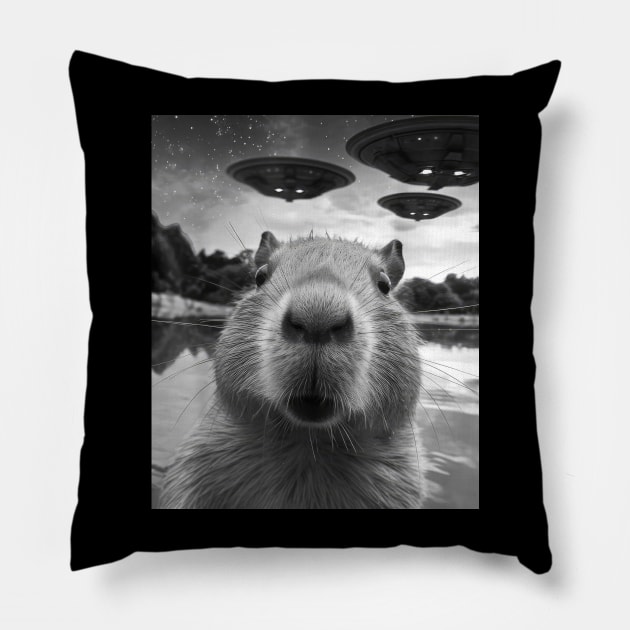 Funny Capybara Selfie with UFOs Pillow by unaffectedmoor