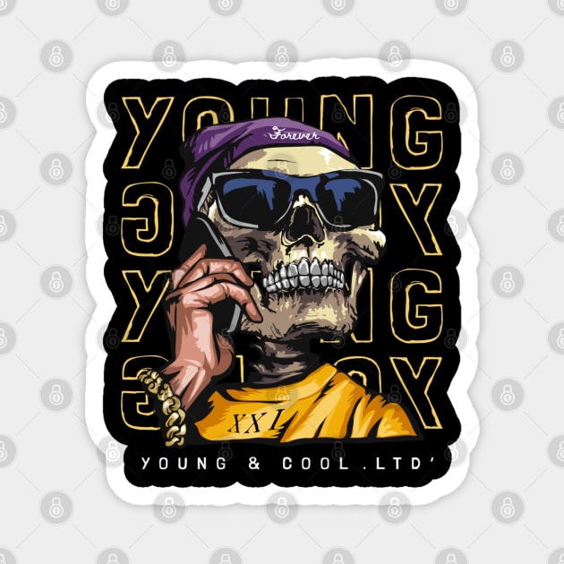 Young & Cool with skull in sunglasses and smartphone Magnet by Gouzka Creators 