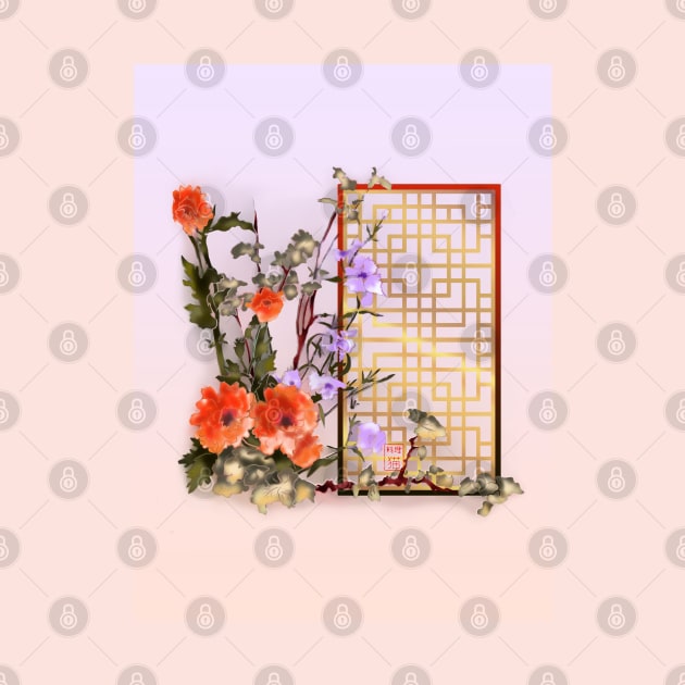 Red sumiE watercolor flowers with a chinese lattice by cuisinecat