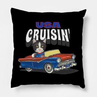 Cute kitty cat cruisin' with a classic car through the USA Pillow