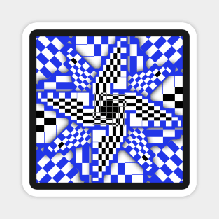 Blue Black and White Checkered Pinwheel Optical Illusion Magnet