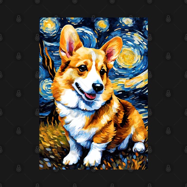 Adorable Pembroke Welsh Corgi Dog Breed Painting in a Van Gogh Starry Night Art Style by Art-Jiyuu