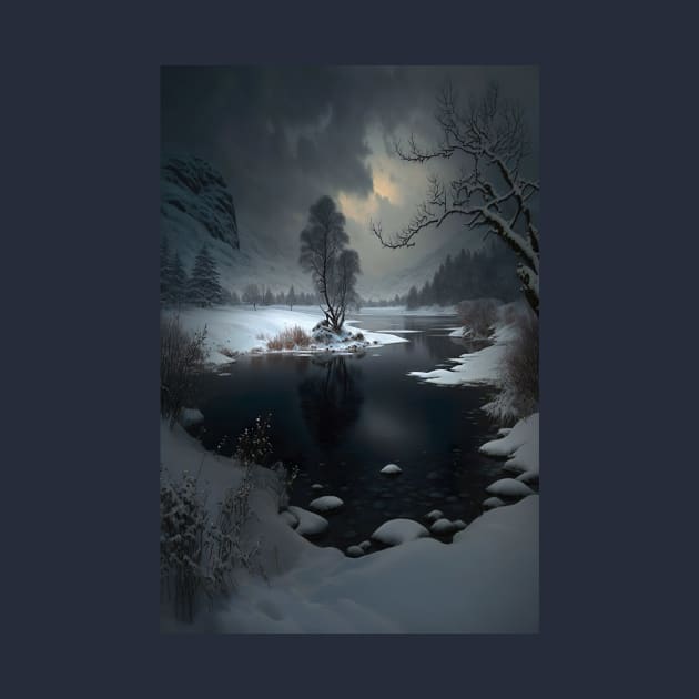 Landscape of winter lake in mountain valley - eerie nights by UmagineArts