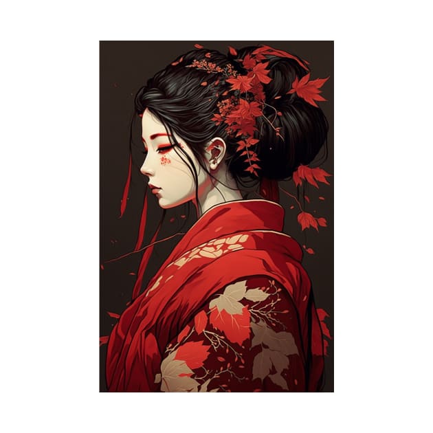 Japanese Beauty with Red Kimono by ArtNouveauChic