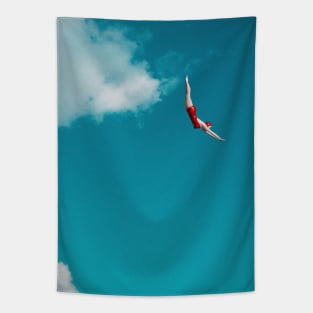 Sky Diver: Woman in Red Bathing Suit Dives Gracefully Through the Clouds Tapestry