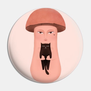 Cute happy mushroom with happy black cat Pin