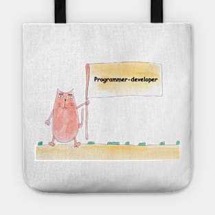 Programmer-developer, profession, work, job. Cat shows a banner with the inscription. Watercolor illustration. A gift for a professional. Tote