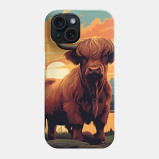 Highland Cattle Sunset Retro Art | Vintage-Inspired Landscape with Scottish Cows Phone Case