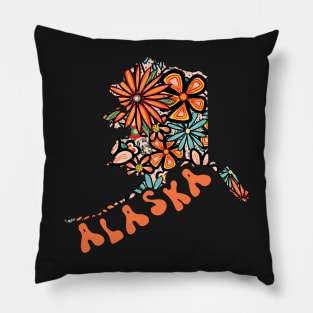 Alaska State Design | Artist Designed Illustration Featuring Alaska State Outline Filled With Retro Flowers with Retro Hand-Lettering Pillow