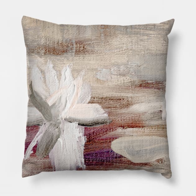 Abstract Oil Painting Waterlily Beige White Pillow by Go Abstract Art