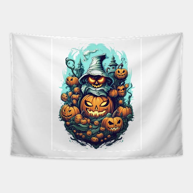 scary witch with pumpkins Tapestry by Maverick Media